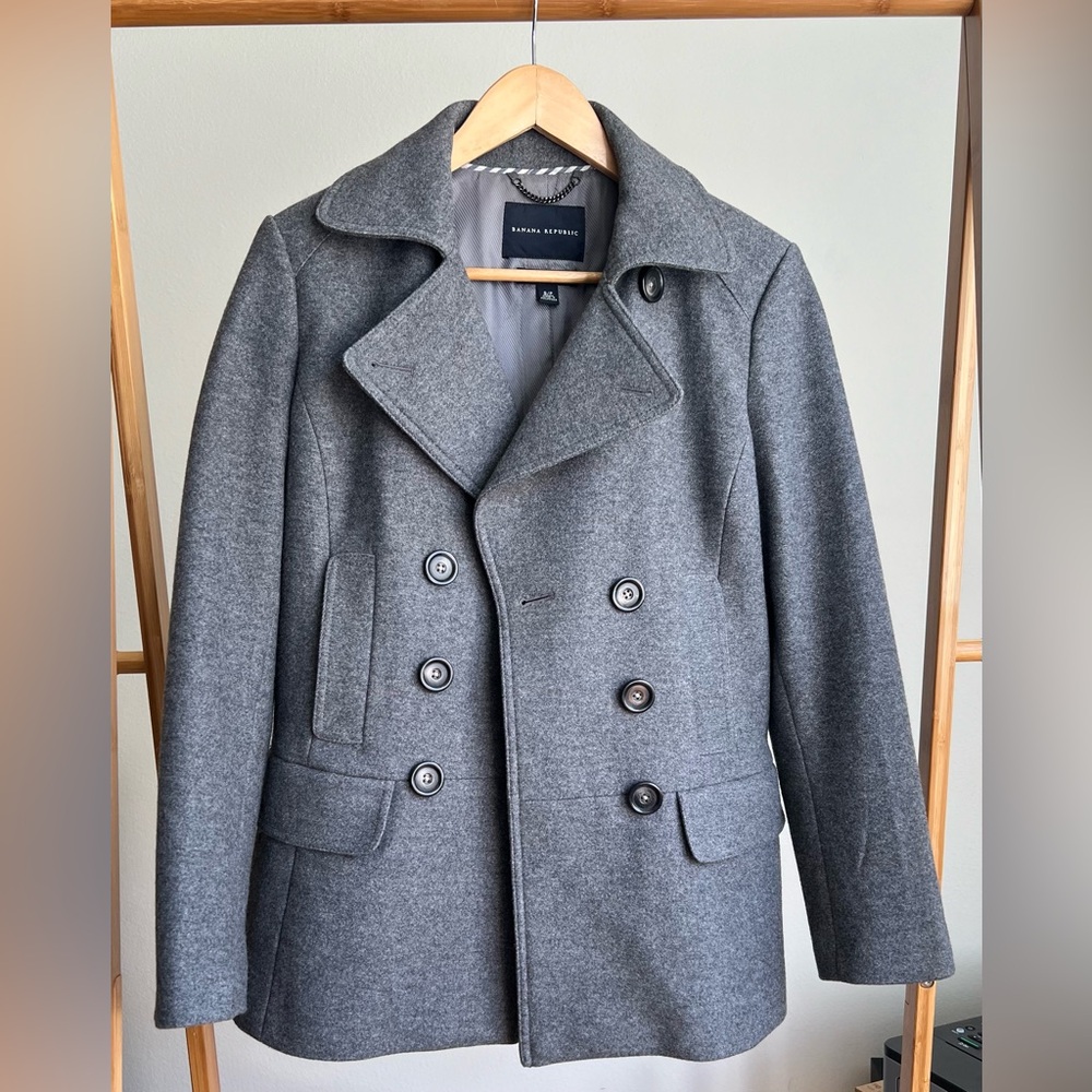 Banana Republic Grey Melange Wool Double Breasted Pea Coat